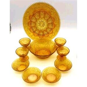 Tiara Amber Glass: Egg Plate Sherbet Dish Dessert Salad Bowl-Lot of 10 BOXED